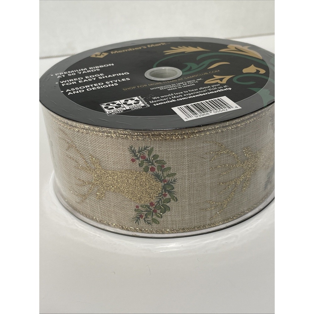 Wired Ribbon Christmas Gold Glitter Deer 50 Yards 2.5 in Wide Member's Mark New
